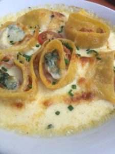 rosette pasta with Mortadella and spinach